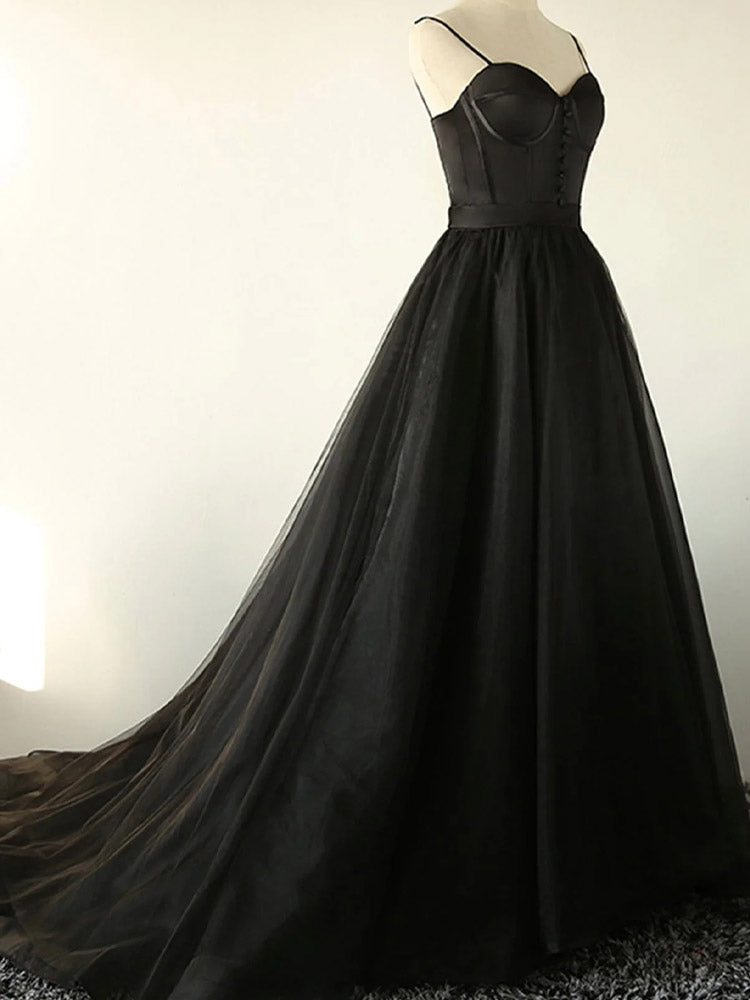 Tulle Black Dress Button-Embellished Long Train Ball Gown