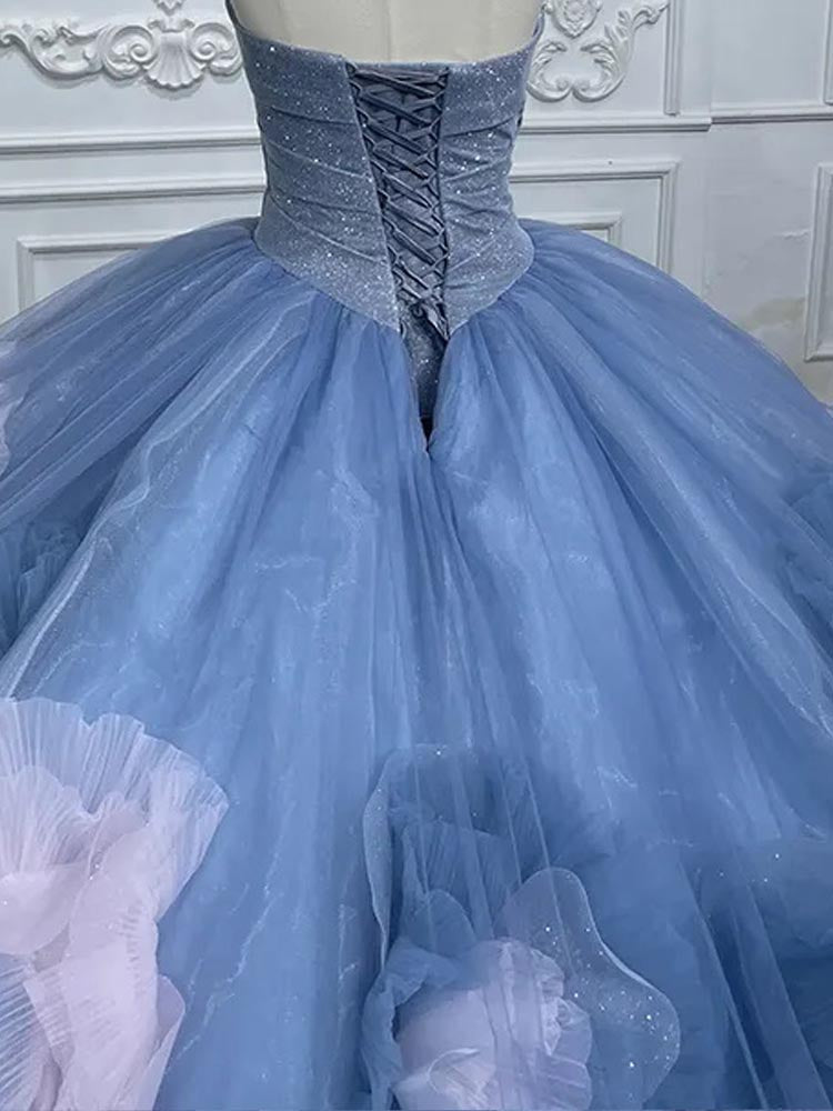 3D Flower Prom Dress Shiny Blue Tulle Dress Perfect For Photoshoots