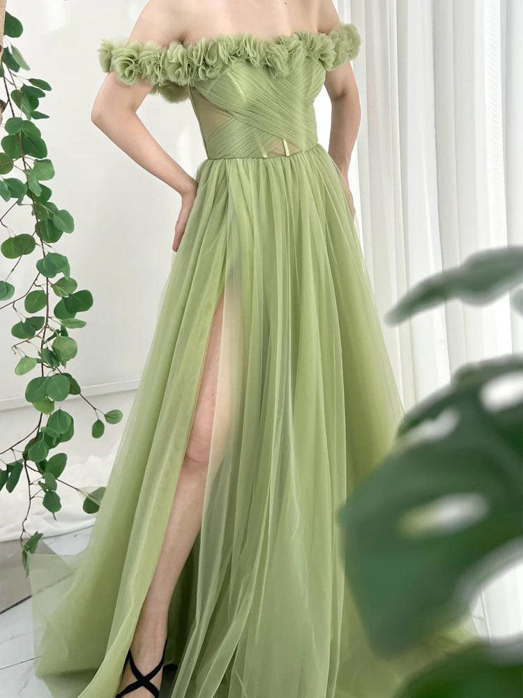 Green Corset Dress Princess Handmade Flower Floor Length High Slit Tulle Ball Gown