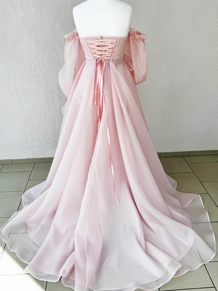 organza dress cute pink long sleeves maxi train ball gown