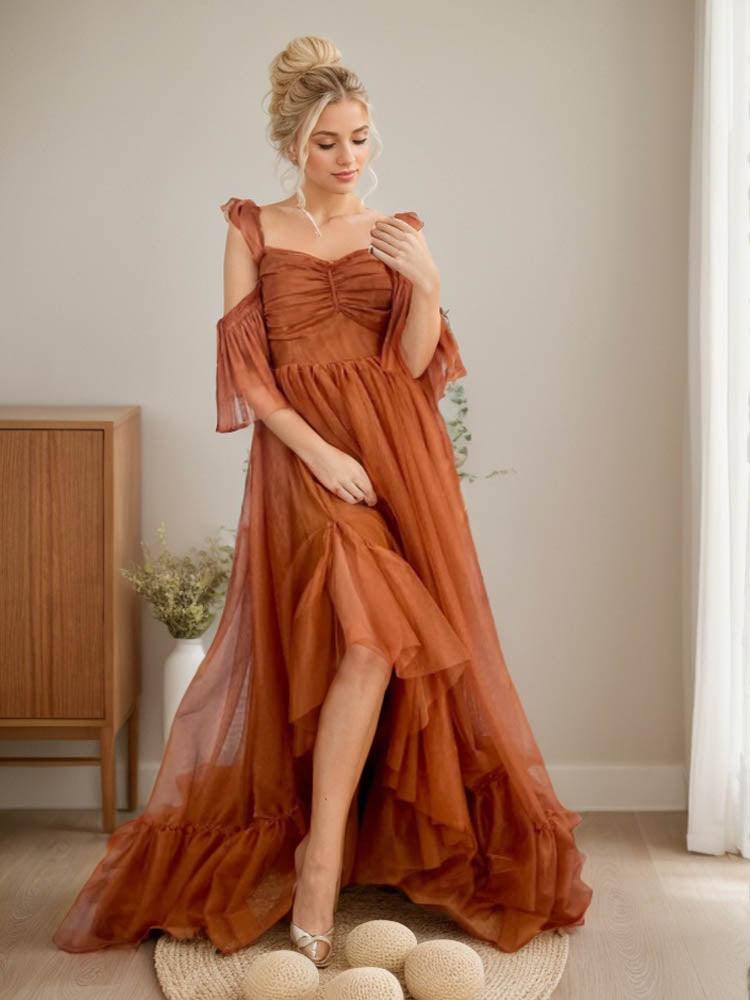 Elegant Strap Wedding Guest Dress Ruffle Flowing Dress