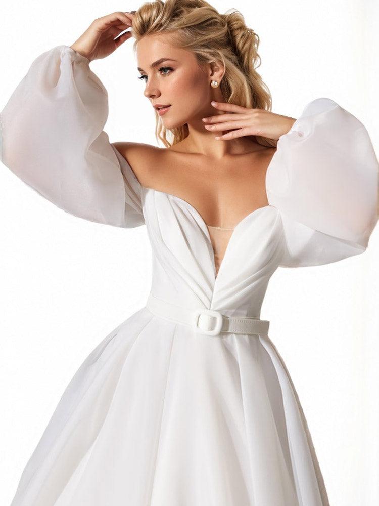 White Organza Dress  Long Sleeves Simple Wedding Dress Photo Shoot Dress Outfit