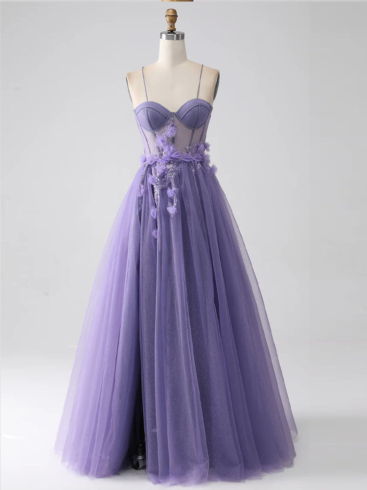 Purple Tulle Dress Spaghetti Strap Corset 3D Flower Ball Gown