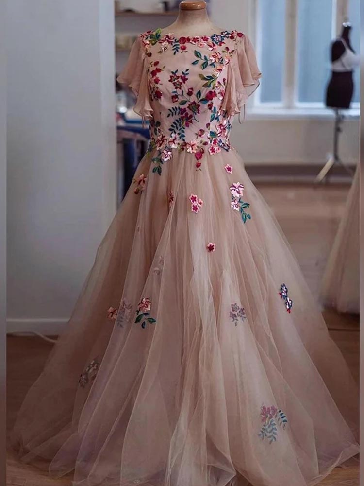 Embroidered Tulle Dress Women's Sexy Floral Ball Gown