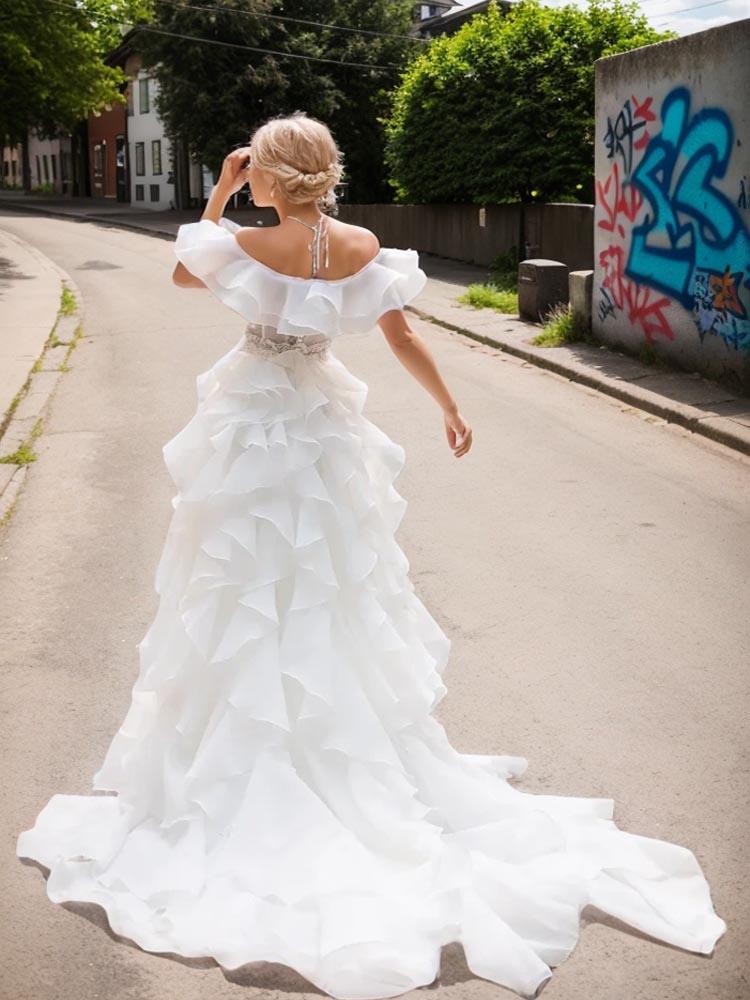 White Organza Dress Ruffled train bridal gown formal party dress