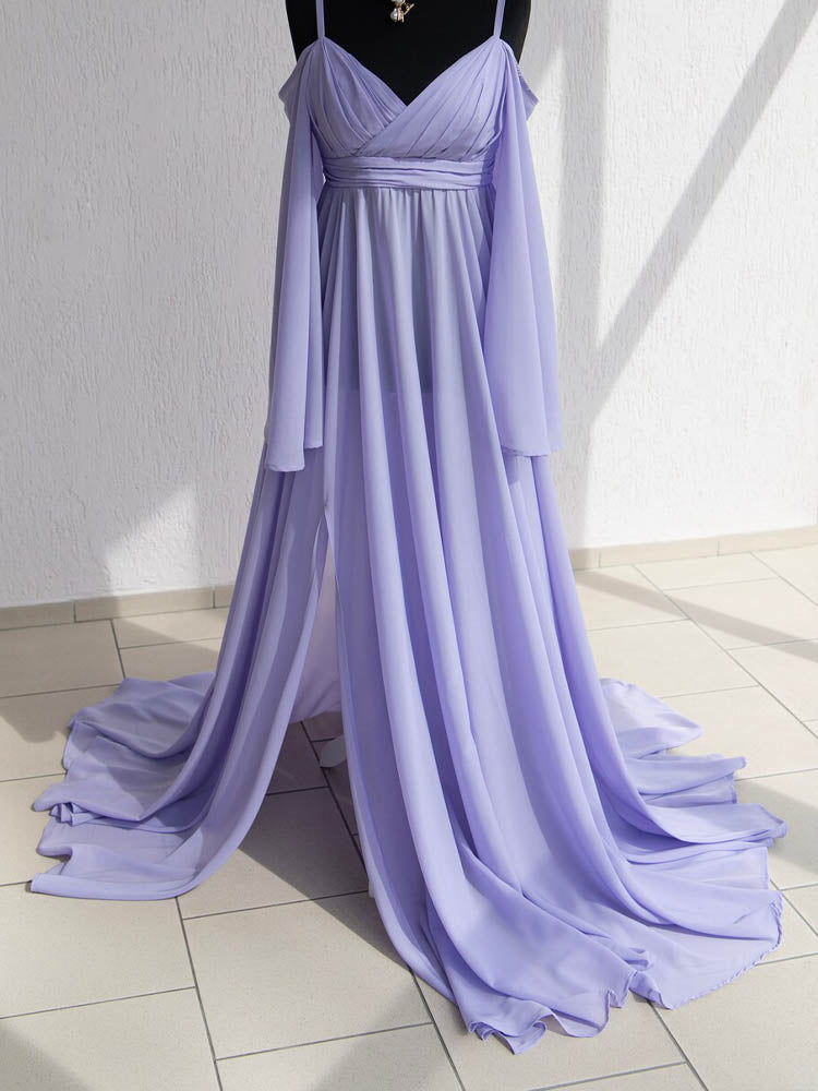 Chiffon Maternity Dress lMaternity Dress For Photoshoot With Long Sleeves In Lavender