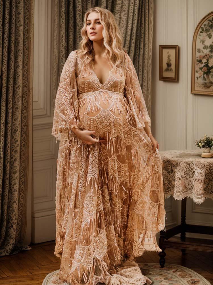 Sequin Tassel Dress Champagne Shiny Maternity Photo Shoot Dress