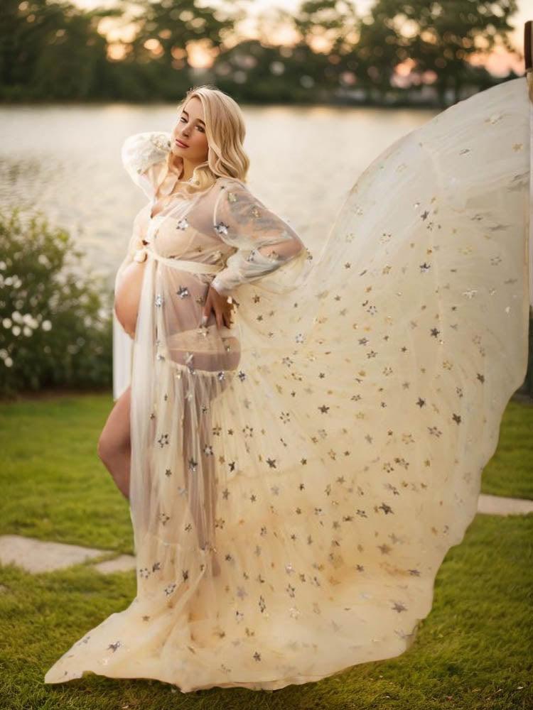 Maternity Tulle Elegant Maternity Dress Plus Size Long Sleeve Dress Suitable For Photo Shoot