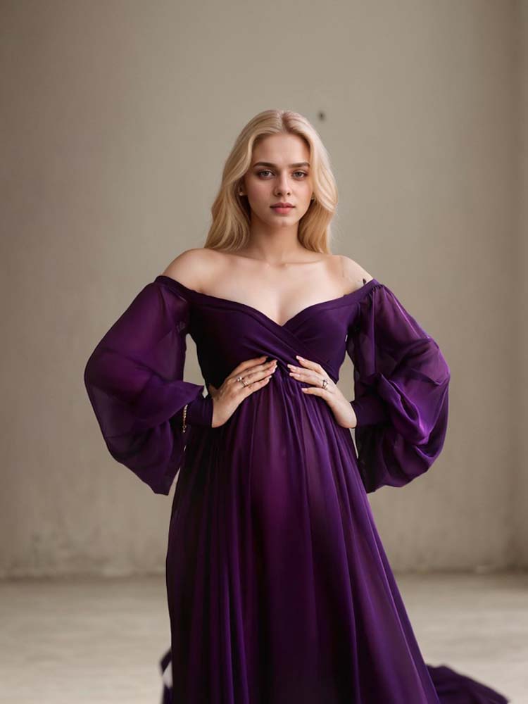 Purple Maternity Dress Long Sleeve Baby Shower Maternity Dress