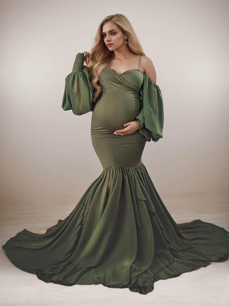 Maternity Dresses For Baby Shower V-Neck Long Sleeve Stretch Mermaid Gown