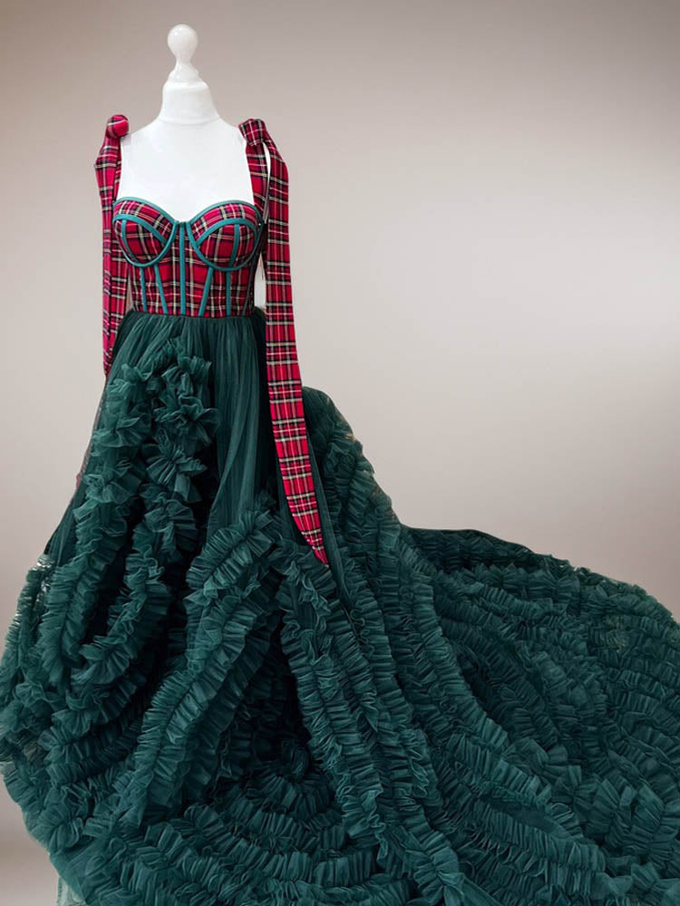 Christmas Dress Women's Festive Green Plaid Dress Suitable For Photo Shoot