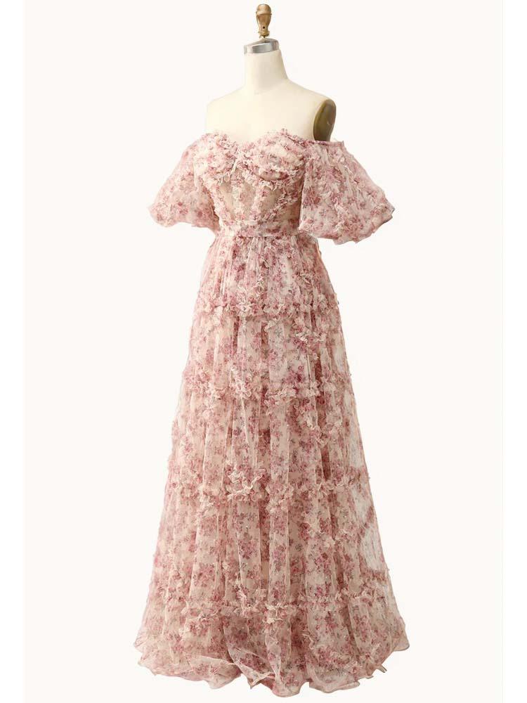 Short Sleeve Elegant Pink Garden Floral Party Dress