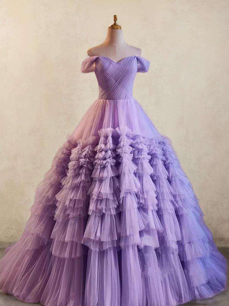 Purple Ball Gown Sexy Layered Lotus Leaves Puffy Wedding Dresses