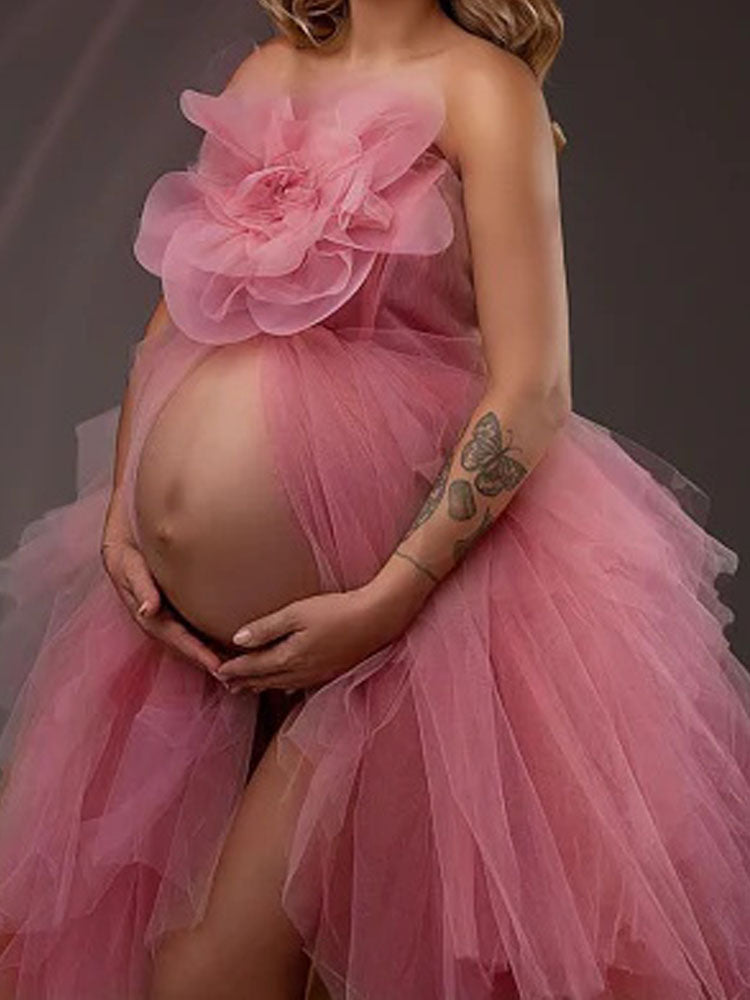 Pink Floral Maternity Dress Tulle Baby Shower Maternity Dress Irregular Photography Dress