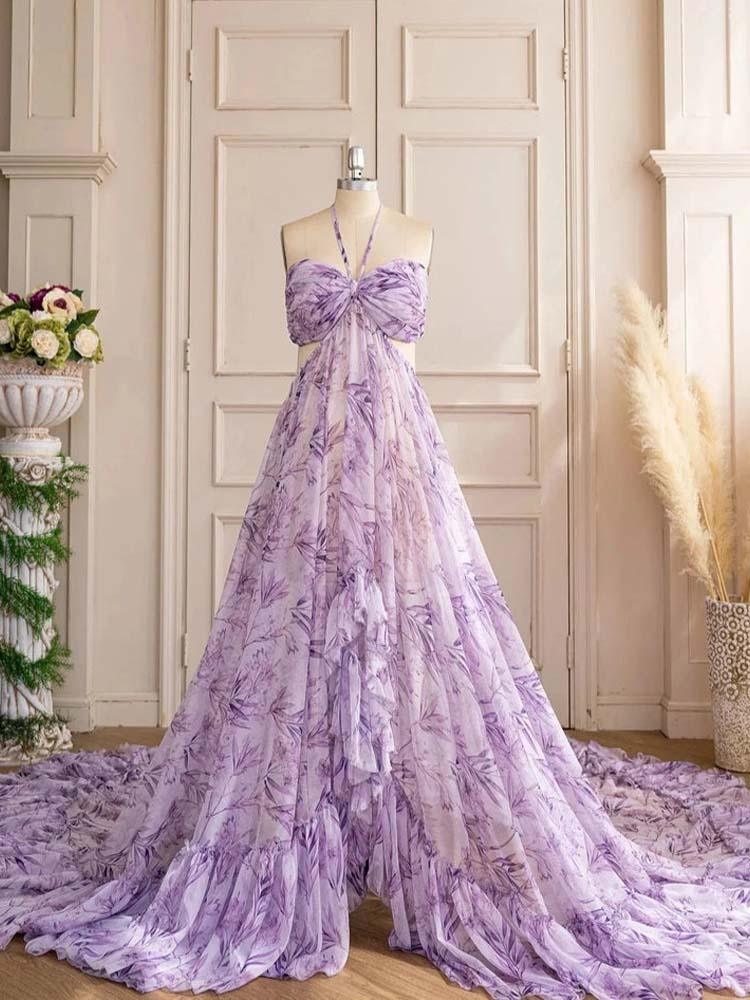 Lavender maternity dress Printed floral photo shoot dress long tail maxi dress