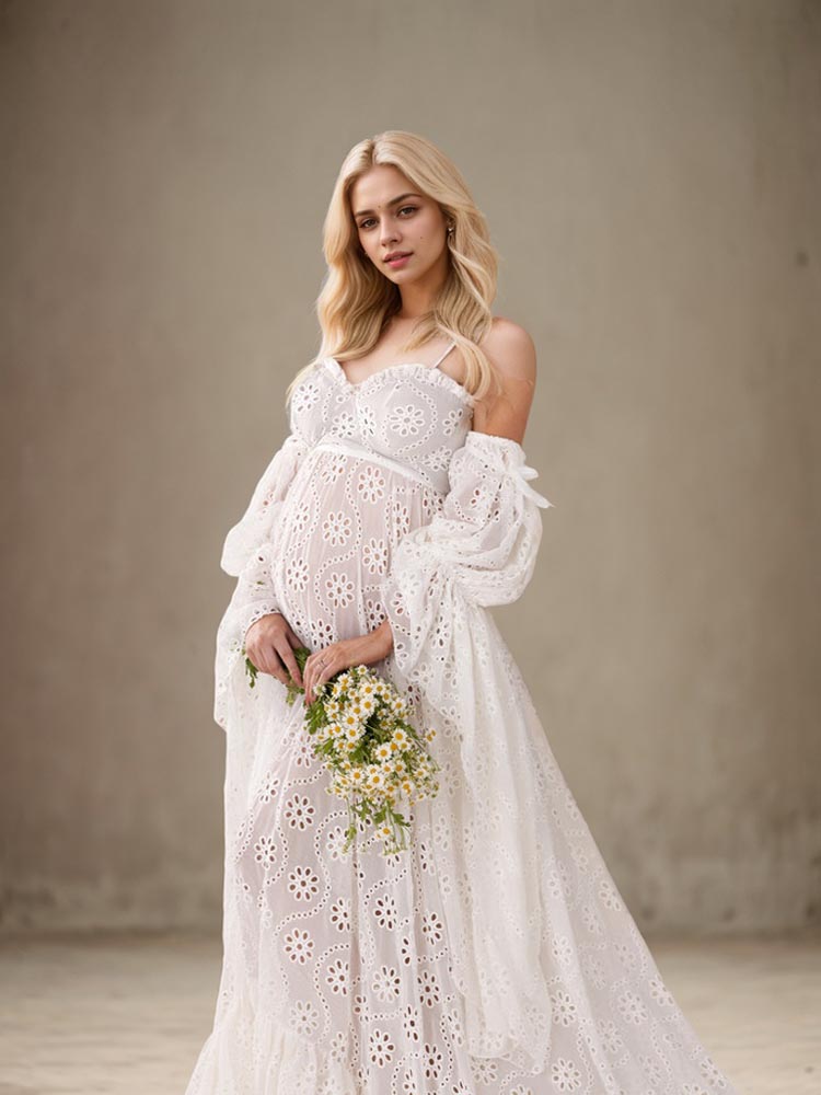 Maternity Lace Dresses White Long Sleeve Bohemian Style Maternity Dress Photoshoot Dress