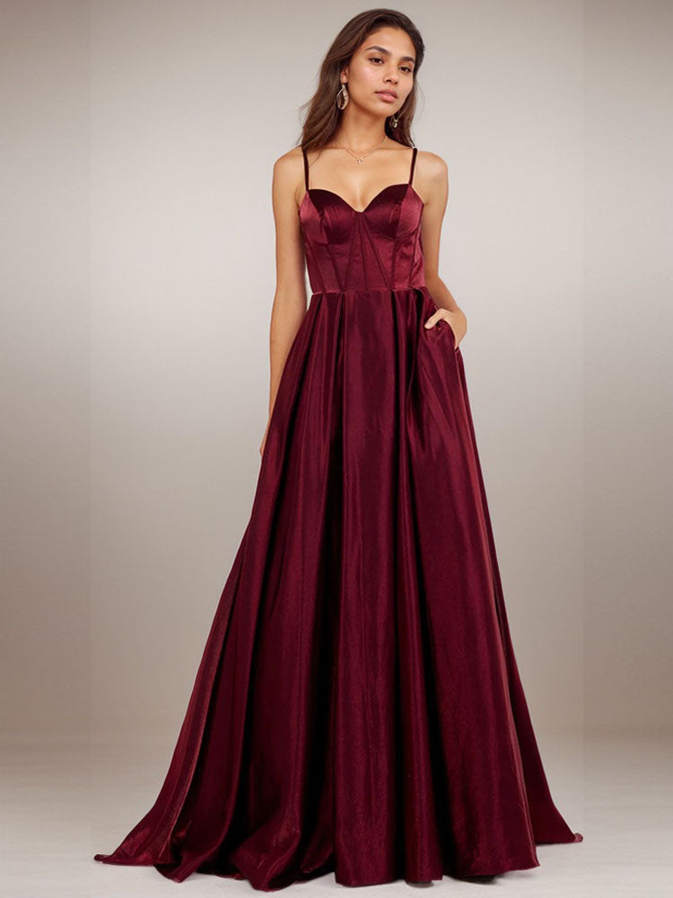 Satin Midi Dress Spaghetti Strap Burgundy Formal Prom Dress