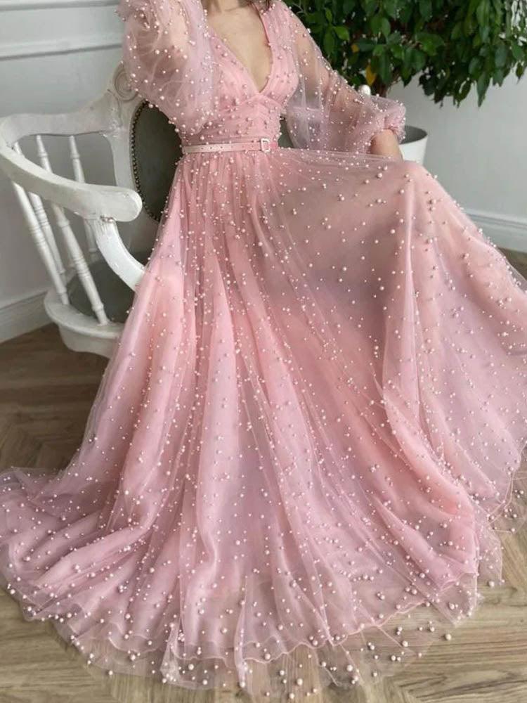 Pearl Dress Pink Long Sleeve Tea Party Gown Women's Dress