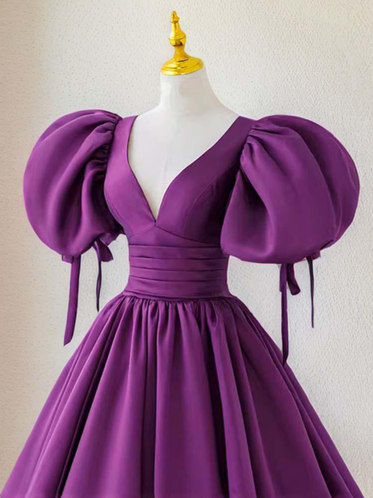 Satin Dress For Women Lantern Sleeves A-line Swing Purple Wedding Guest Dress