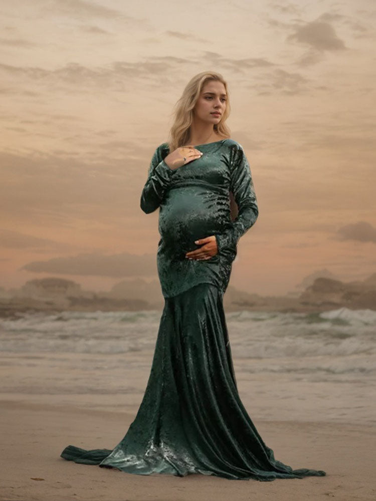 Velvet Green Maternity Dress Two-Piece Cropped Top And Long Skirt Photoshoot Dress