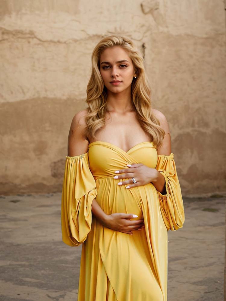 Knitted Maternity Yellow Long-Sleeved Evening Dress Suitable For Photo Shoot