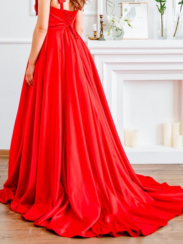 Long Dress Red Color A-Line Satin Wedding Dress With Laces For Photography Shoot