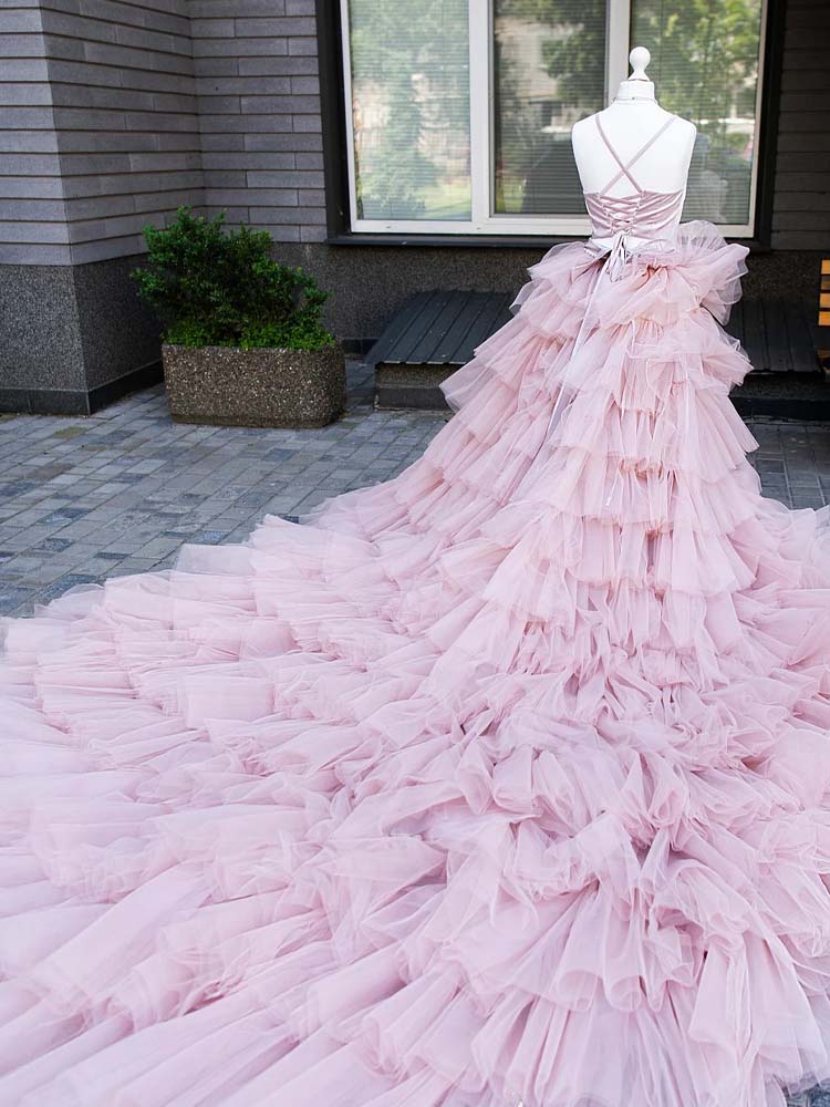 Blush Wedding Dress Ruffled Tulle Photography Dress Ultra Long Trailing Dress