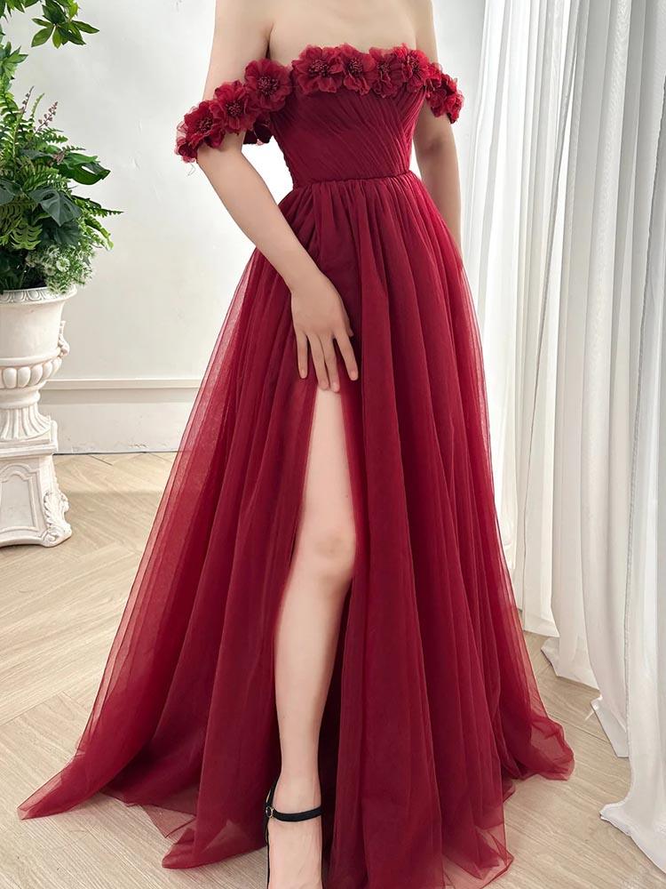 Women's Burgundy Red Dresses and Evening Gowns Handmade Floral Floor-Length Dresses