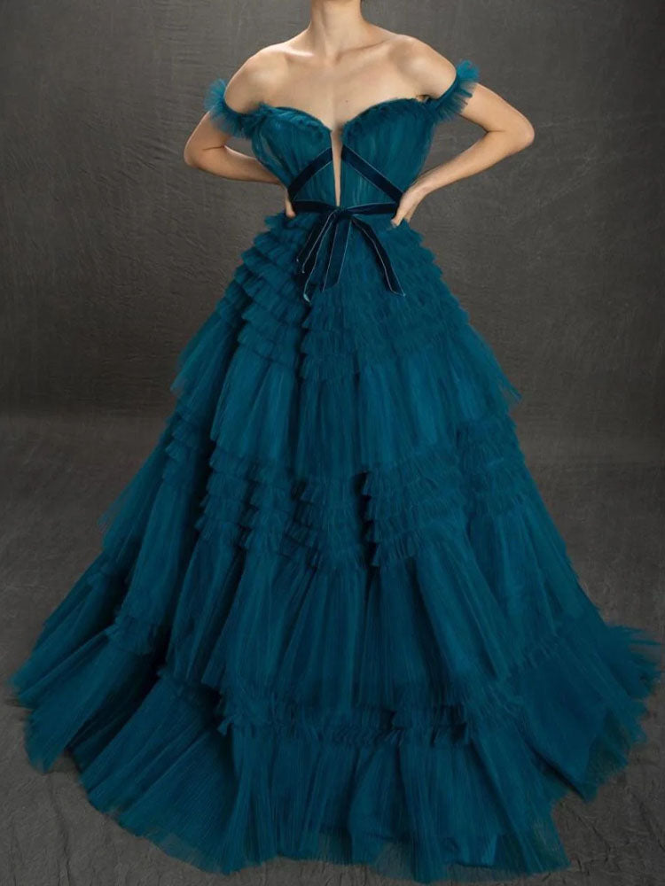 Tulle Tiered Dress Elegant V-neck Ball Gown