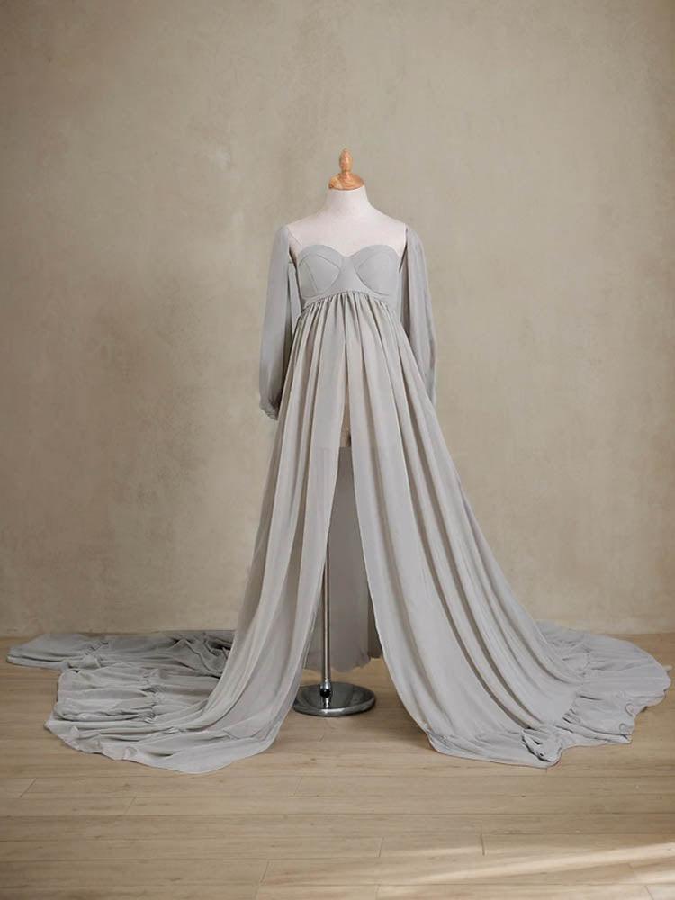 Grey long Sleeves Maxi Maternity Photoshoot Dress  Babyshower Dresses