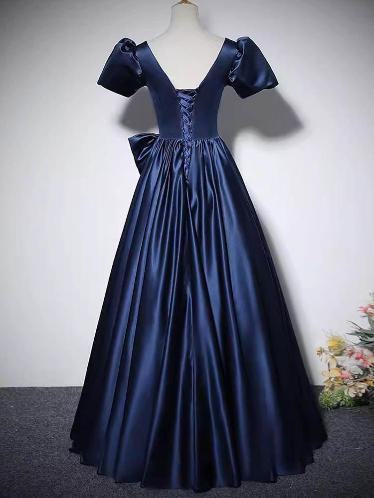 Navy Blue Satin Dress A-Line Elegant Bow Ball Gown