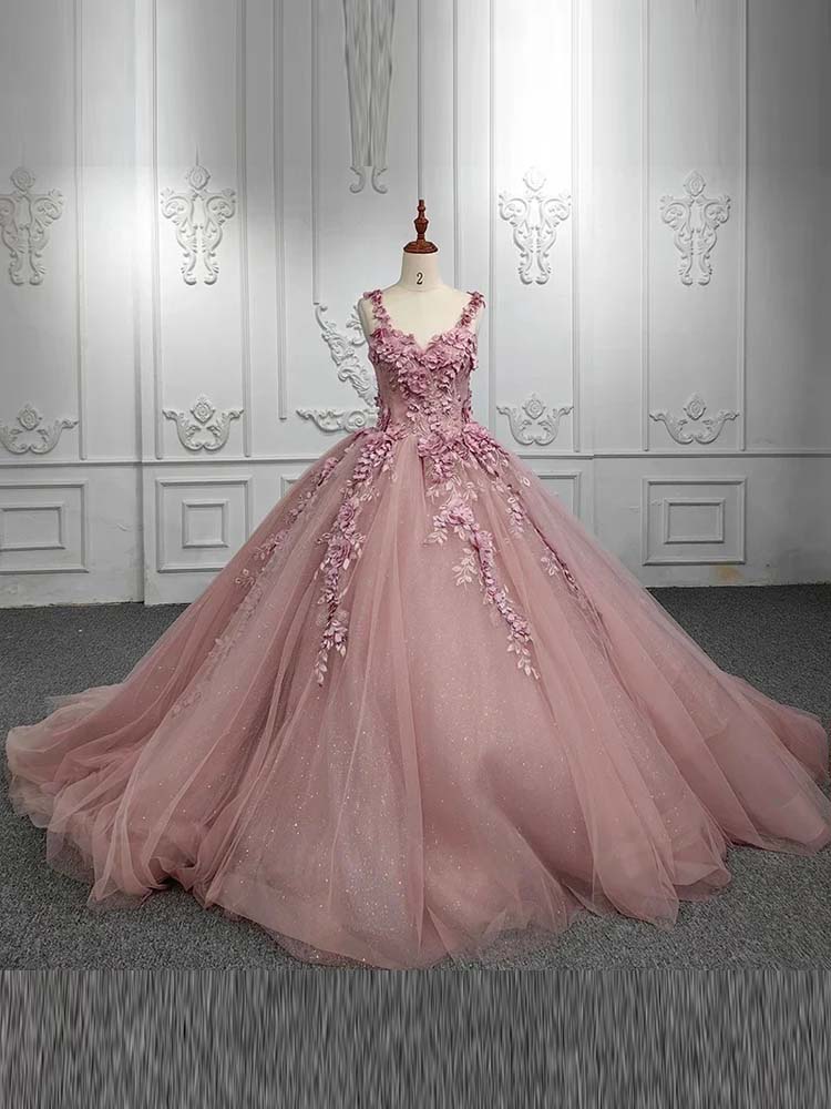 Pink Quinceanera Dresses Long Tail 3D Floral Skirt Suitable For Photography