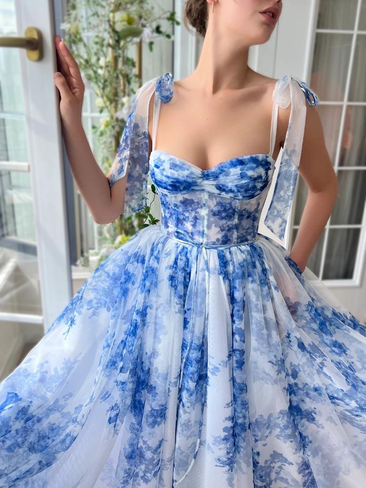 Garden Party Tea Length Dresses Blue Printed Ball Dress