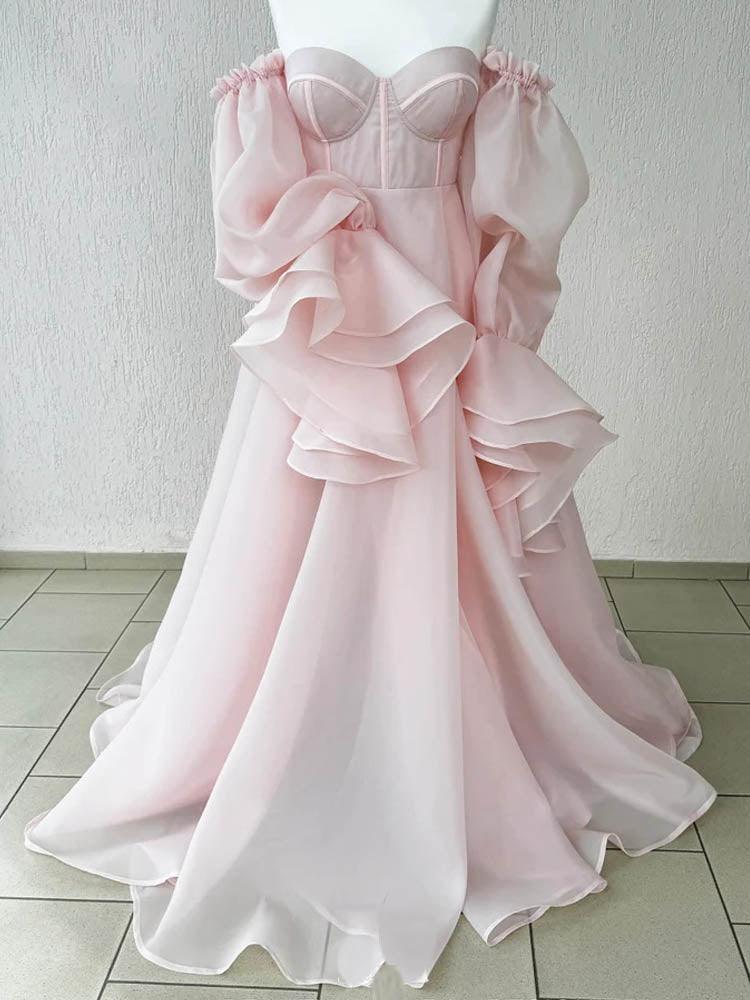 organza dress cute pink long sleeves maxi train ball gown