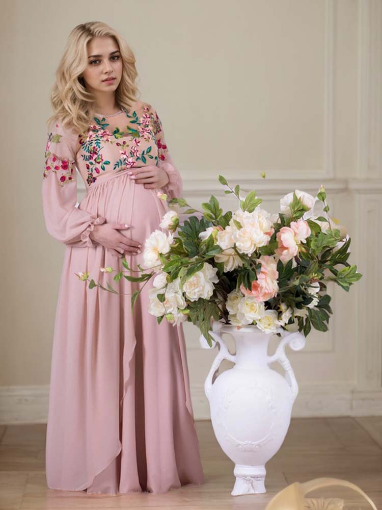 Maternity Baby Shower Dresses Pink Embroidered Evening Gown