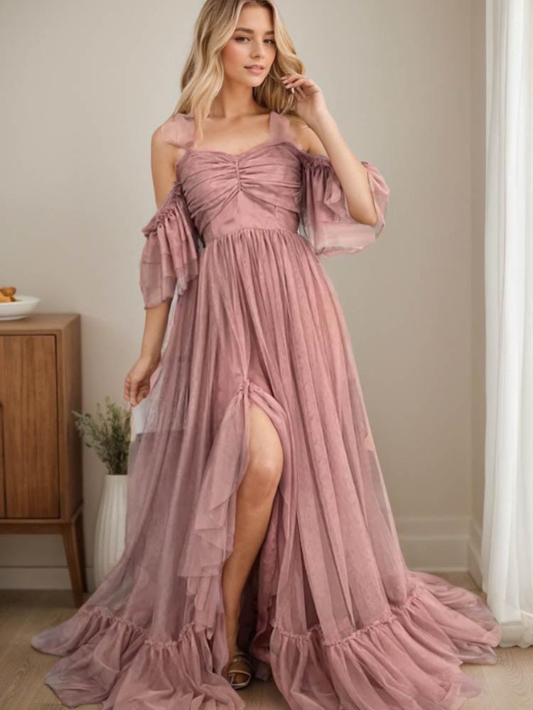 Elegant Strap Wedding Guest Dress Ruffle Flowing Dress