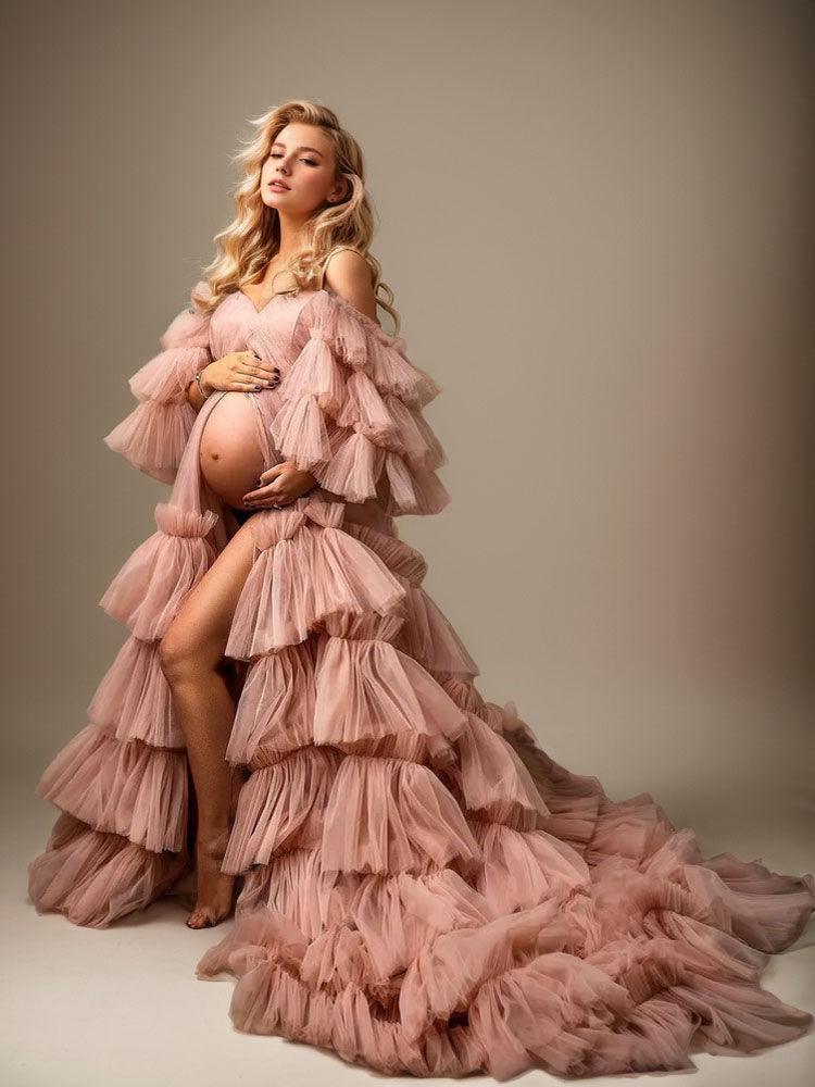 Pink Maternity Dresses For Baby Shower Off-Shoulder Tulle Maternity Photo Shoot Dress Photography Props