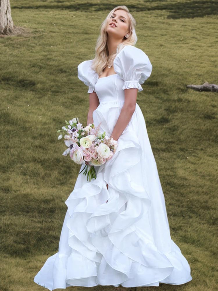 Organza Dress Floor-Length White Short-Sleeved Ball Gown, Photo Shoot Dress