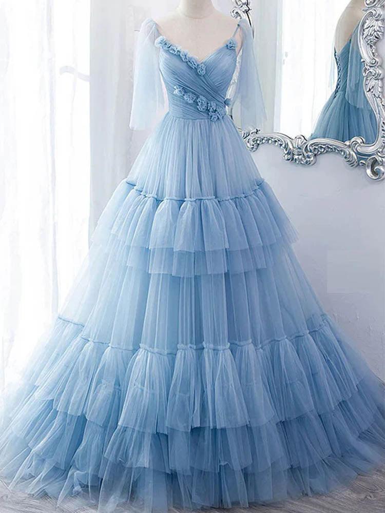 Light Blue Quince Dress Elegant Tulle Wedding Guest Dress Styles