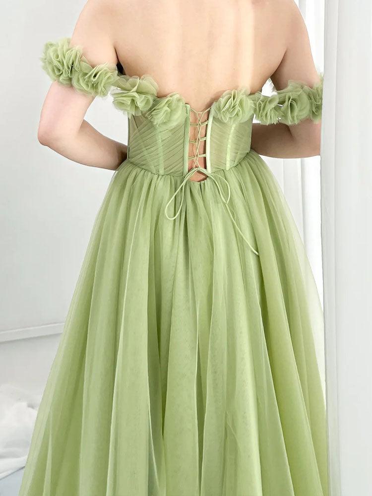 Green Corset Dress Princess Handmade Flower Floor Length High Slit Tulle Ball Gown