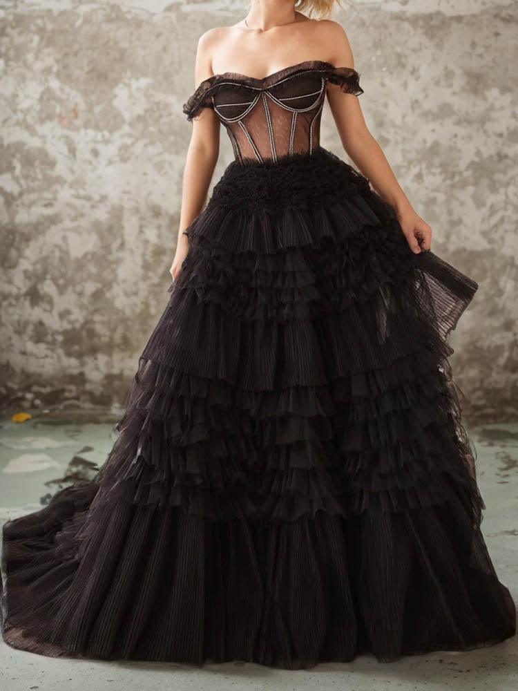 Black Quinceanera Dresses Tulle Ruffled Ball Gown Photography Dress Suit