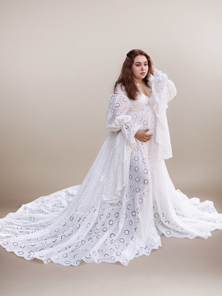 Boho Maxi Dresses Long Sleeve Detachable Photo Maternity Photoshoot Wedding Dress