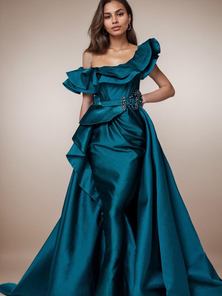 Satin Dress Formal One Shoulder Blue Long Ball Gown