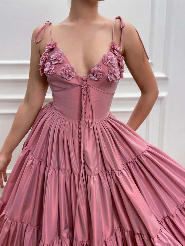 Plum Colored Prom Dresses Spaghetti Strap 3D Flower Decoration Dress