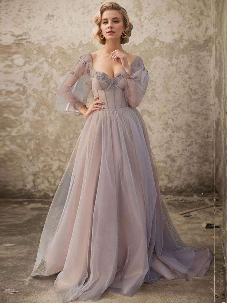 Floral Long Sleeve Corset Long Ball Gown Photoshoot Dress