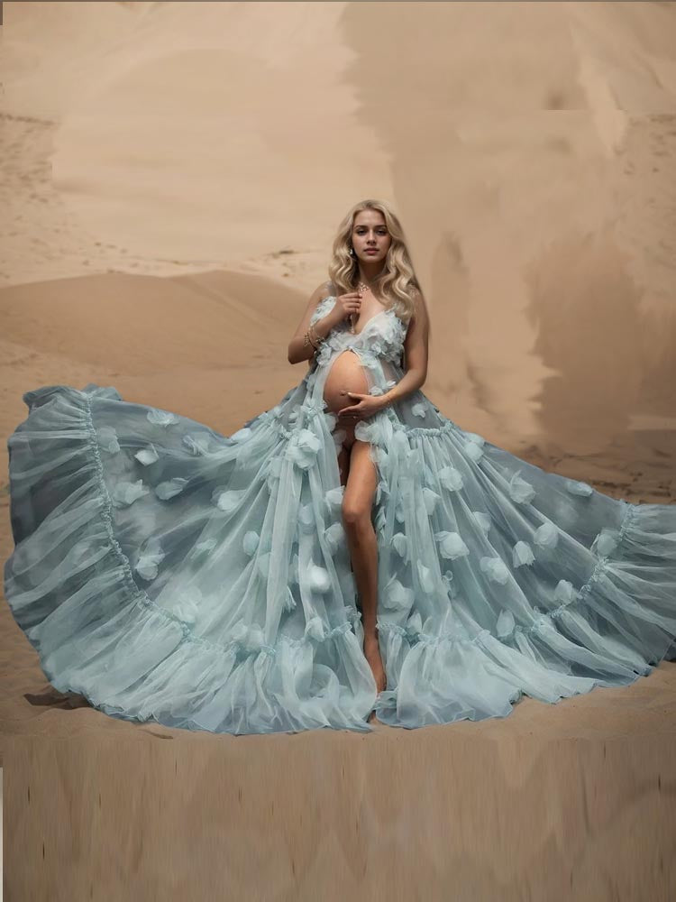 Tulle Maternity Photoshoot Dress Handmade 3D Flower Maternity Photography Robe