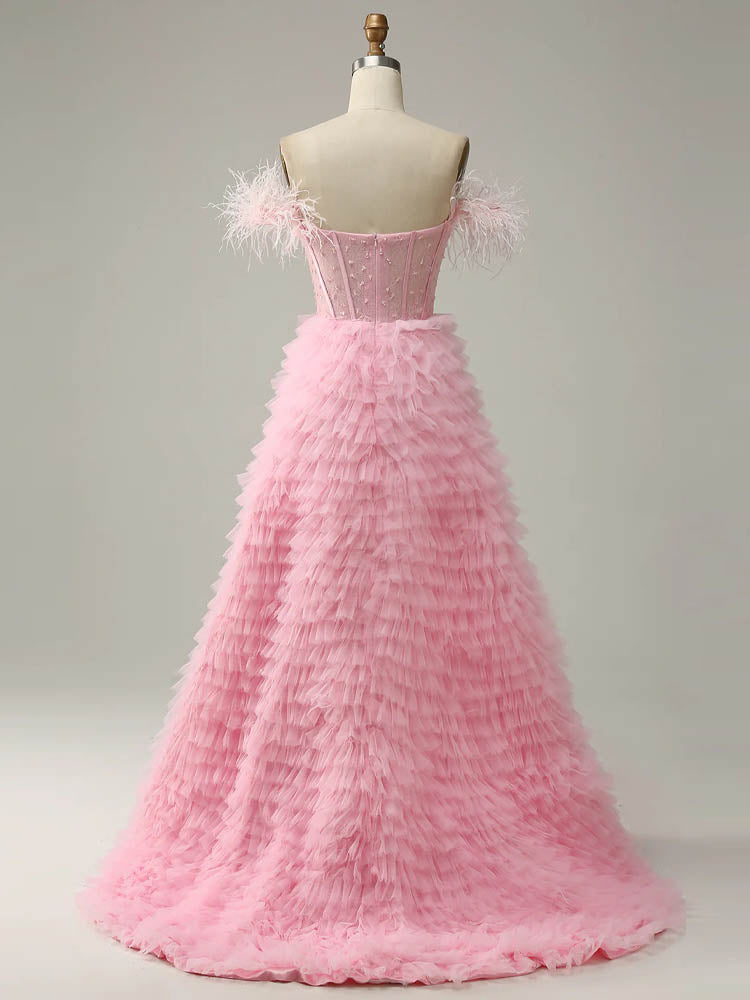 Layered Tulle Dress Feather Decoration Ball Gift Photoshoot Dress