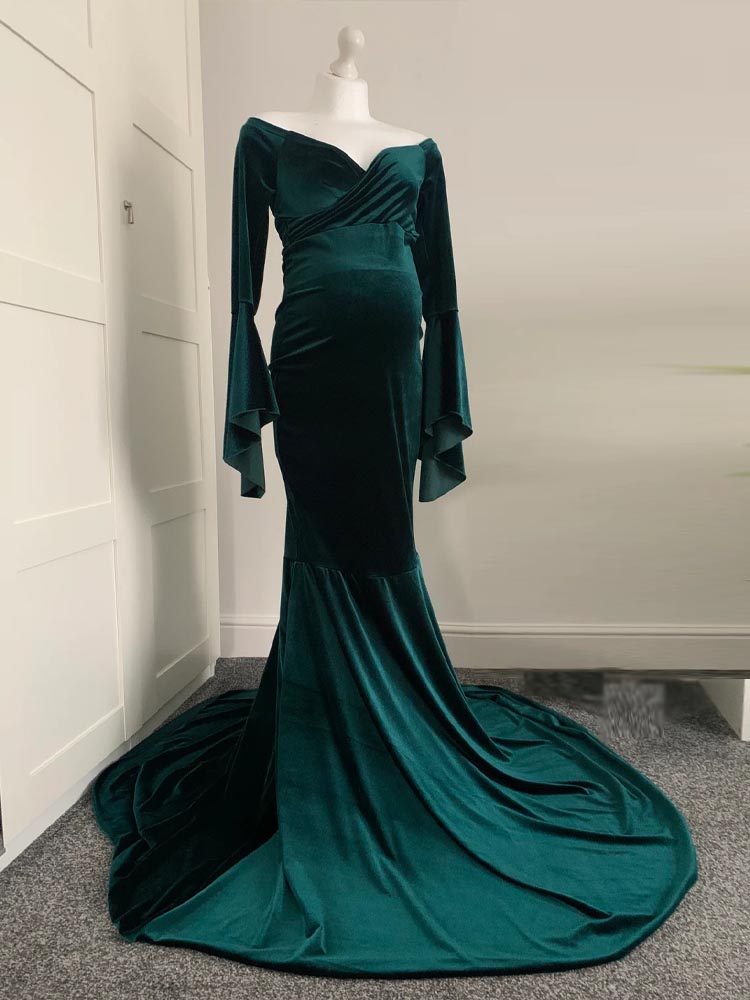 Velvet Green Maternity Dress Long Sleeve Maternity Baby Christening Dress Suitable For Photo Shoot