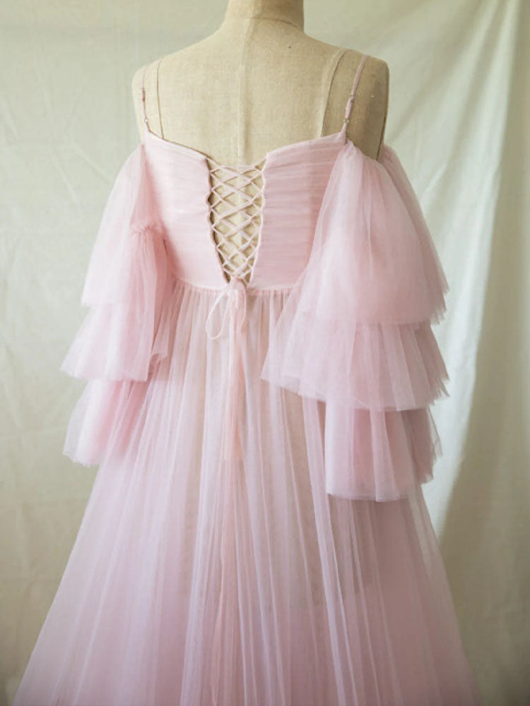 Pink Tulle Maternity Dress Elegant Ruffled See-Through Maternity Dress, Perfect For Photoshoots