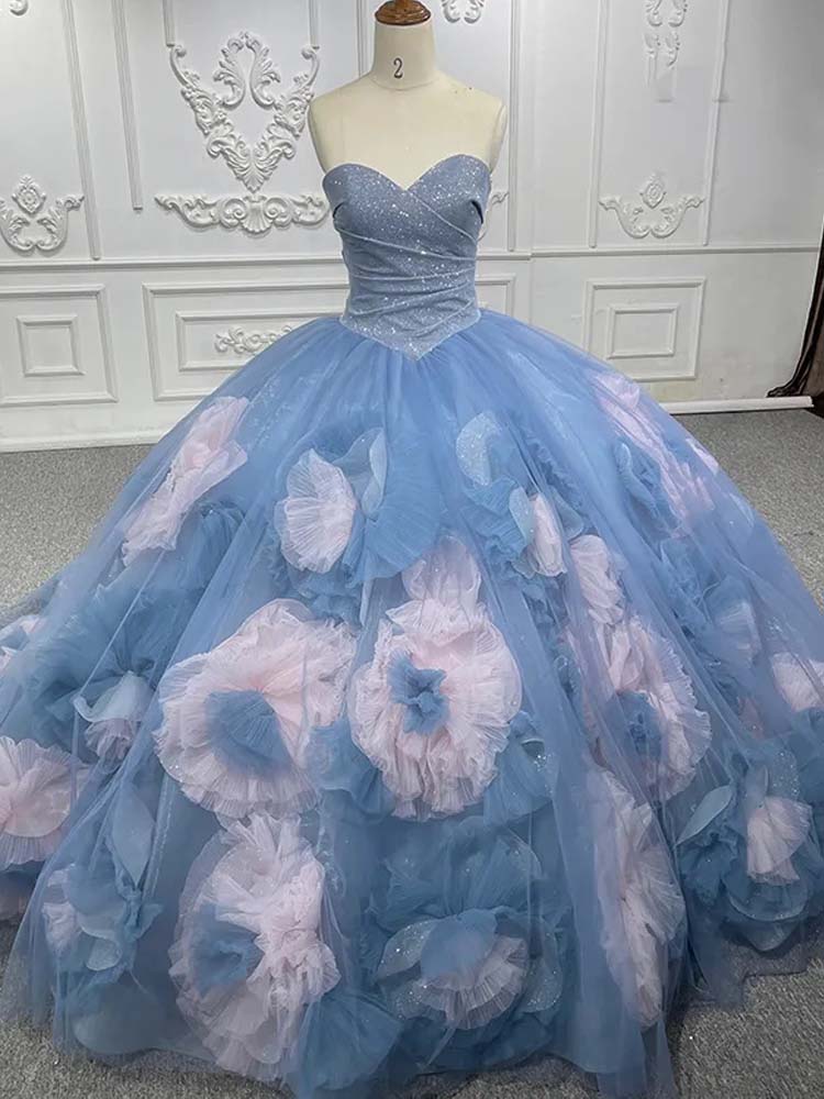 3D Flower Prom Dress Shiny Blue Tulle Dress Perfect For Photoshoots